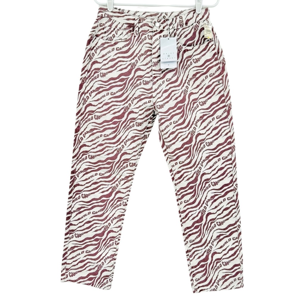 Daisy Street Women's Zebra Wild Card Dad Jeans Sz M Burgundy White High Rise NWT